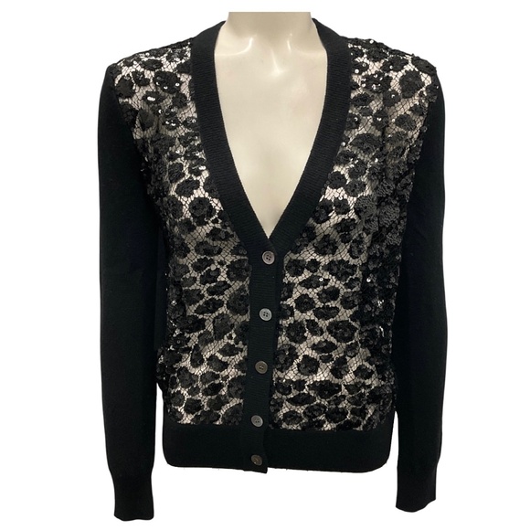 MICHAEL KORS BLACK SEQUINED CASHMERE KNIT CARDIGAN SWEATER - Picture 1 of 4